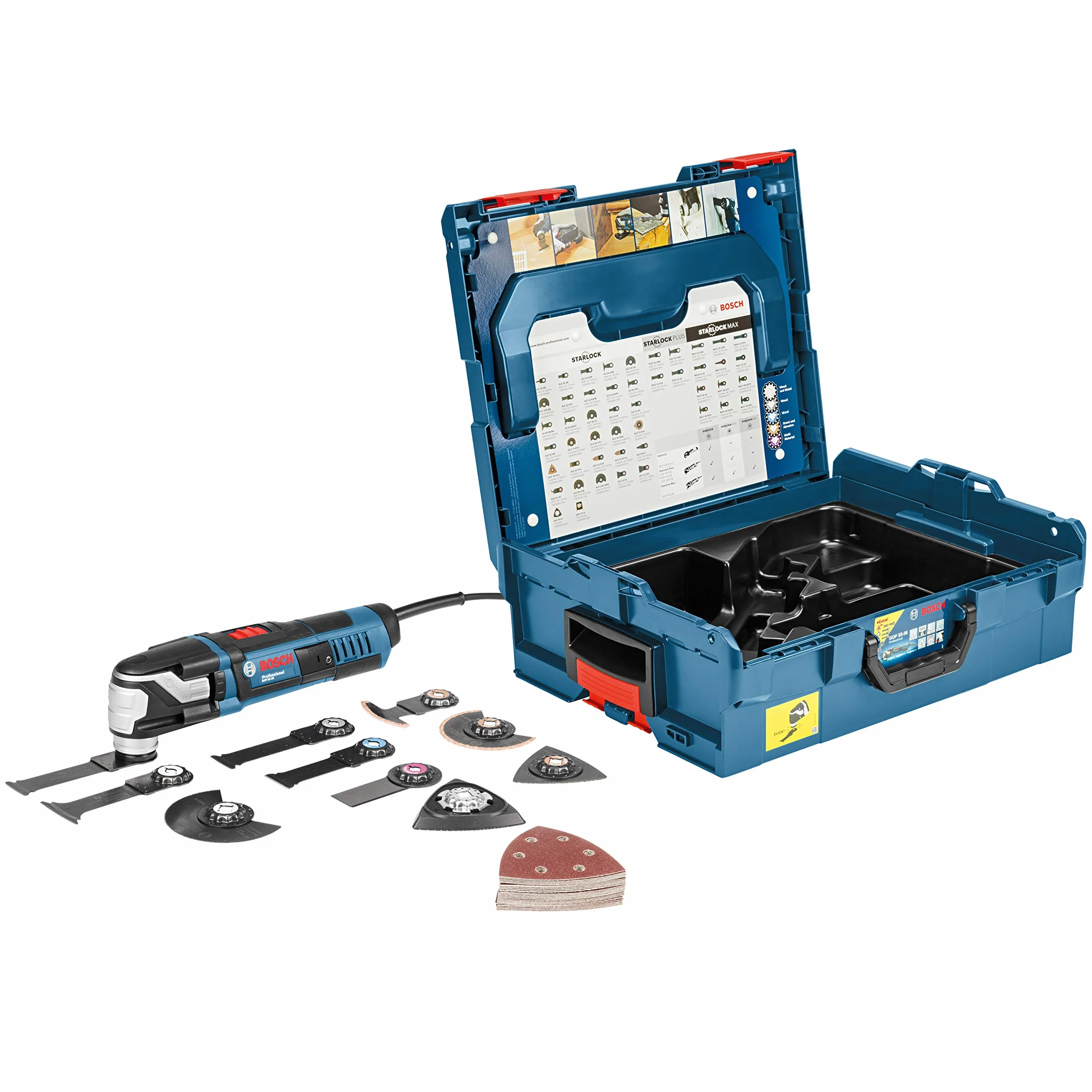 Bosch Professional GOP 55-36 narzędzie wielofunkcyjne Starlock 550 W 9 brzeszczotów 25 pap. ściernych L-BOXX