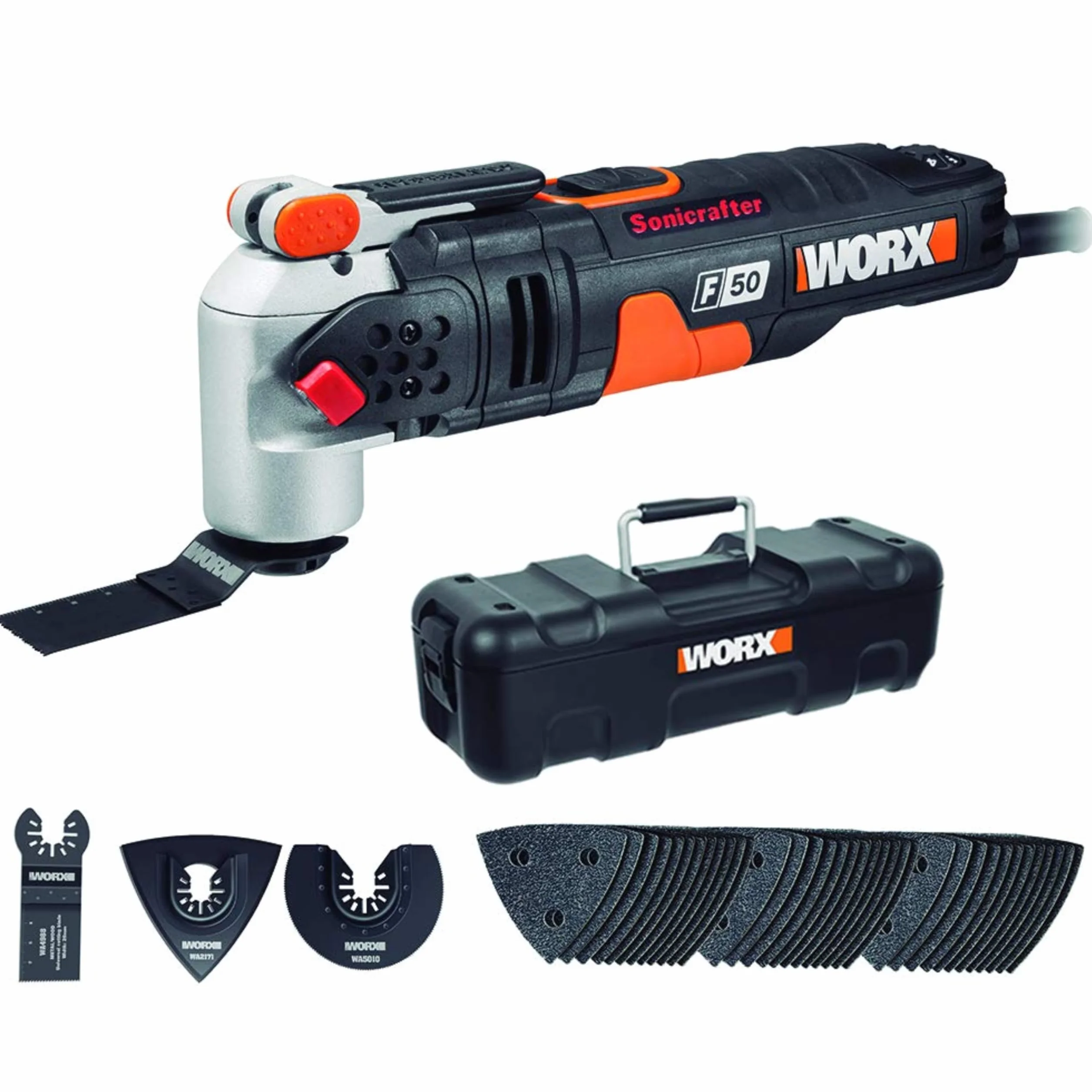 WORX WX681 Sonicrafter F50 narzędzie wielofunkcyjne 450w – narzędzie wielofunkcyjne wraz z adapterem do akcesoriów uniwersalnych, 35 mm Standard End Cut brzeszczot i 80 mm HSS brzeszczot półokrągły