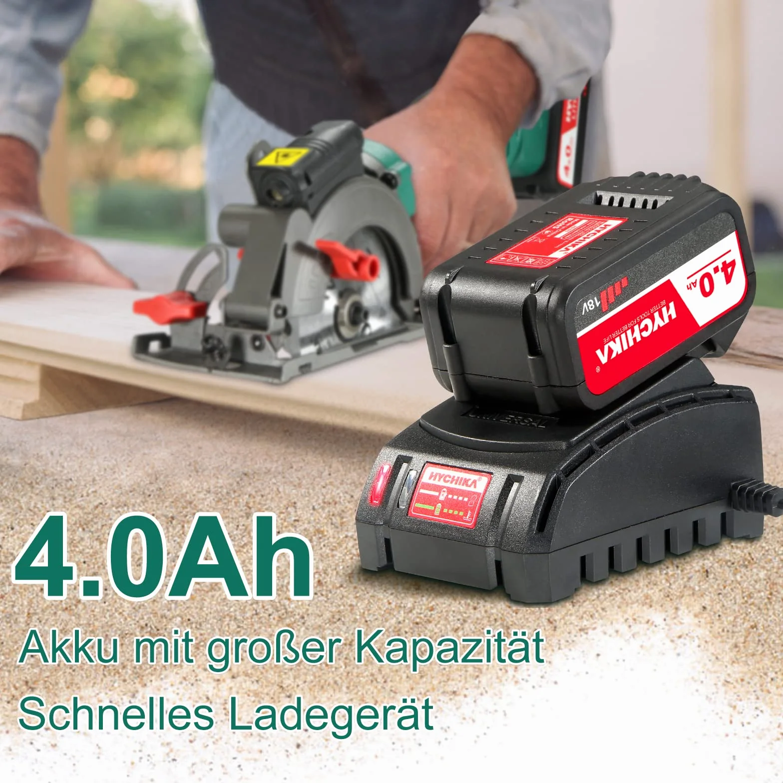 HYCHIKA Ręczna Piła Tarczowa 18V, z Akumulatorem 4.0Ah 3500U, Prowadnicą laserową i szyną prowadzącą, maksymalna głębokość cięcia 48mm(90°)/32mm(45°), Mini piła tarczowa do drewna, metali miękkich