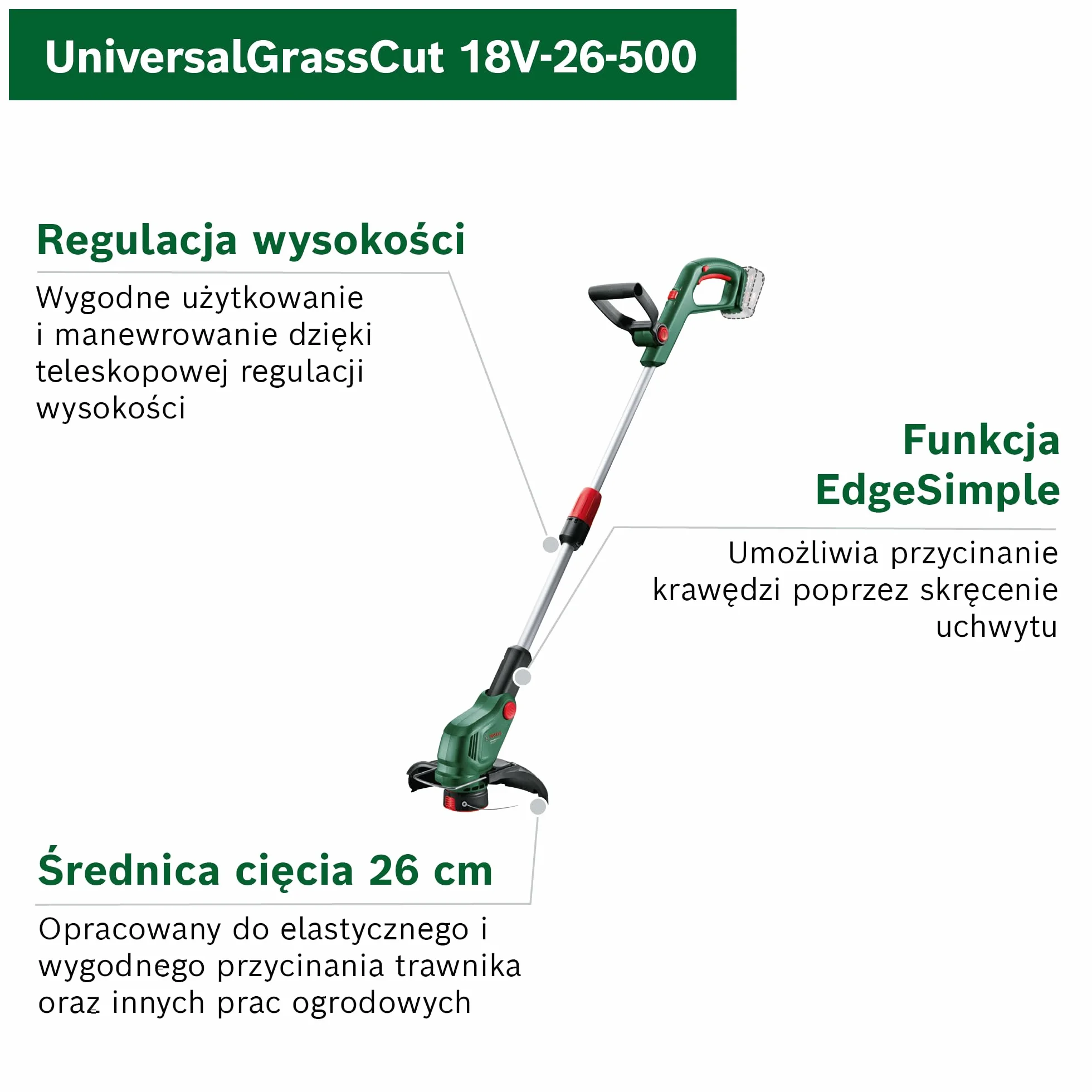 Bosch: akumulatorowa podkaszarka do trawy UniversalGrassCut 18V-26-500 (do podkaszania w poziomie i pionie, czas ładowania: 65 min, średnica cięcia: 26 cm, system 18V, z akumulatorem i ładowarką)