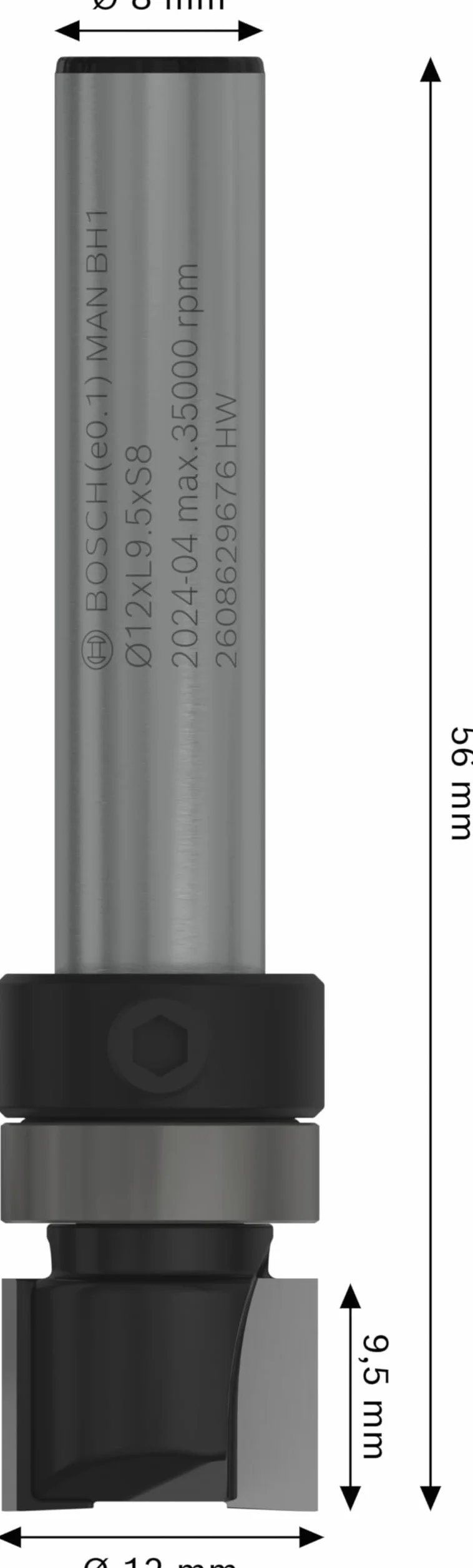 Bosch 1x Frez prosty PRO z łożyskiem kulkowym na górze (do Miękkie drewno, Twarde drewno, Ø 12 mm, Professional Akcesoria Frez ręczny, Frez krawędziowy)
