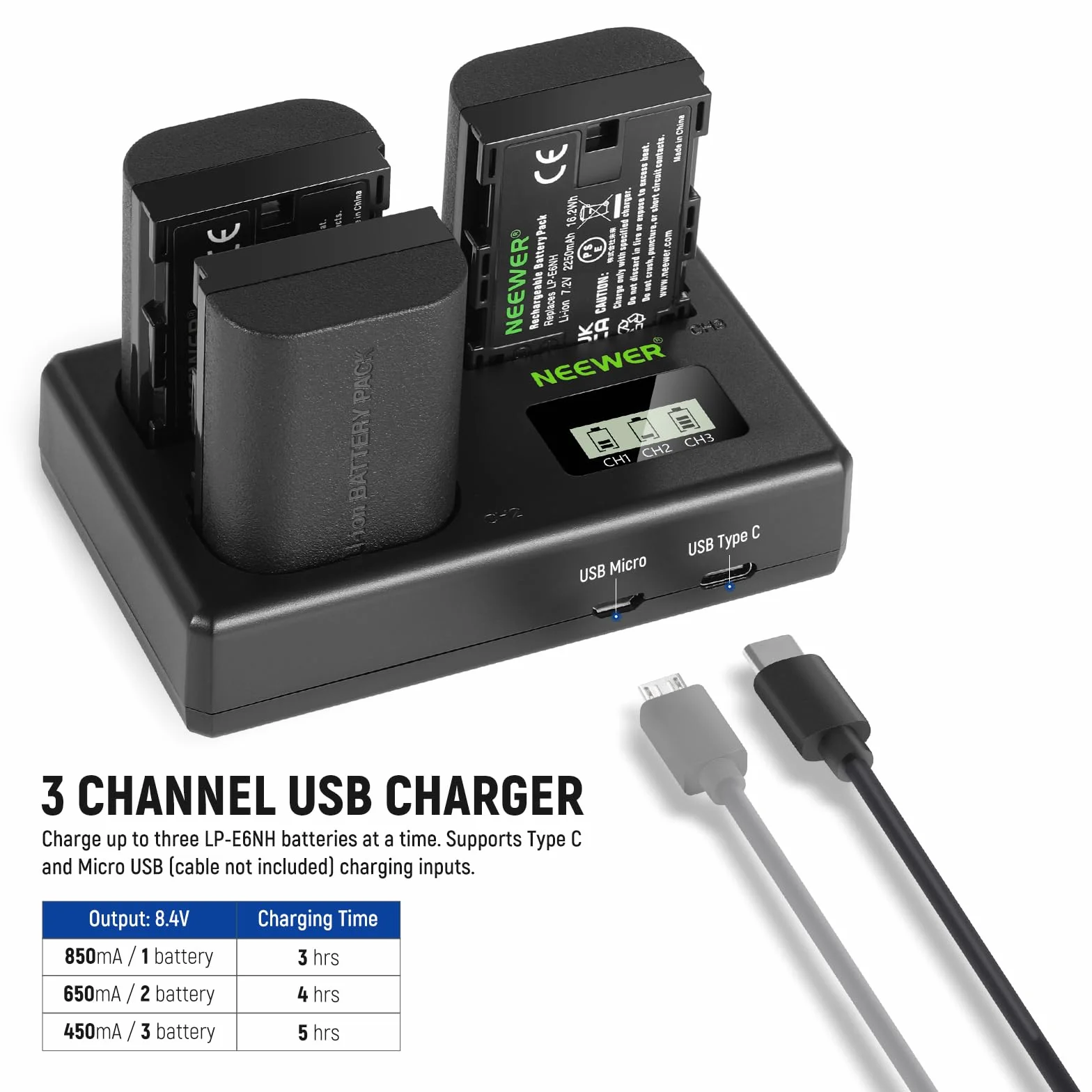 NEEWER LP-E6NH zestaw akumulatorów i ładowarki USB 3-pak 2250 mAh kompatybilny z Canon EOS R7 R5 R6 R6 II 5DIV 6DII 7DII