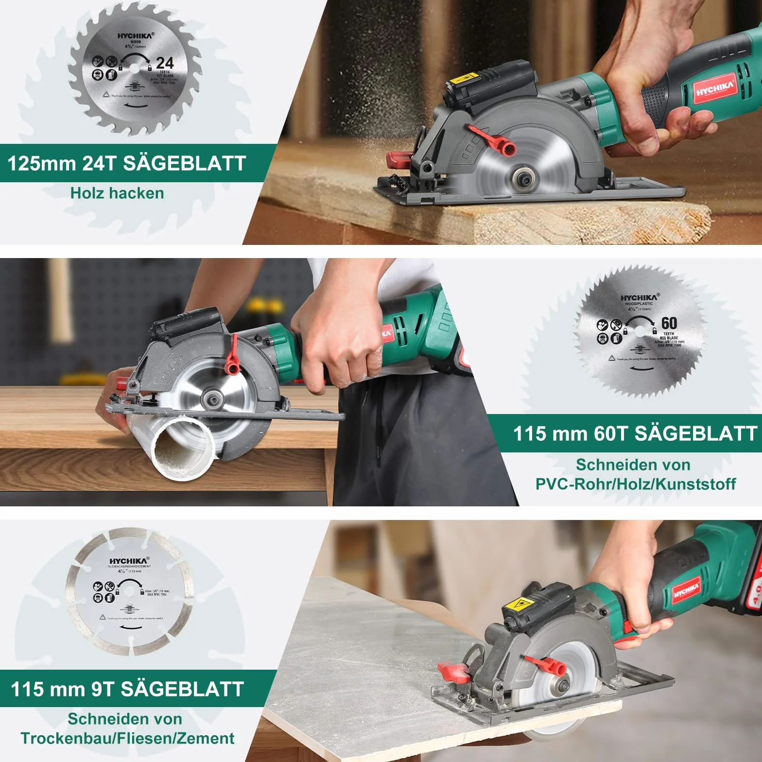 HYCHIKA Ręczna Piła Tarczowa 18V, z Akumulatorem 4.0Ah 3500U, Prowadnicą laserową i szyną prowadzącą, maksymalna głębokość cięcia 48mm(90°)/32mm(45°), Mini piła tarczowa do drewna, metali miękkich