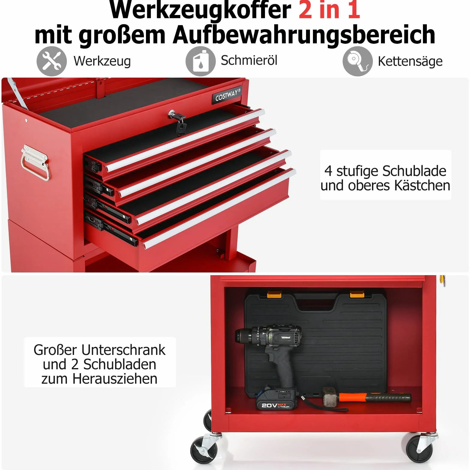 COSTWAY 2 w 1 wózek warsztatowy z walizką i 9 przegródkami i haczykami, zamykany wózek narzędziowy na kółkach bez narzędzi, profesjonalny metalowy wózek warsztatowy, 61,5 x 33 x 132 cm (czerwony)
