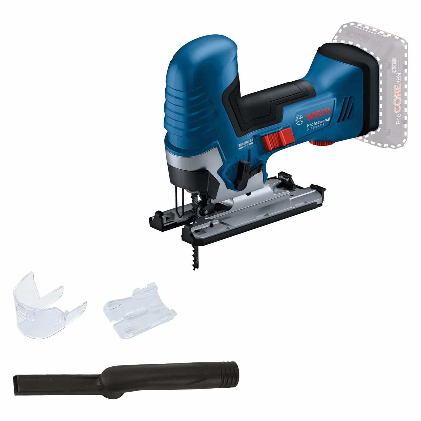 Bosch Professional Bezprzewodowa wyrzynarka systemu 18 V GST 18V-125 S, uchwyt ostrza SDS, zestaw do odsysania pyłu
