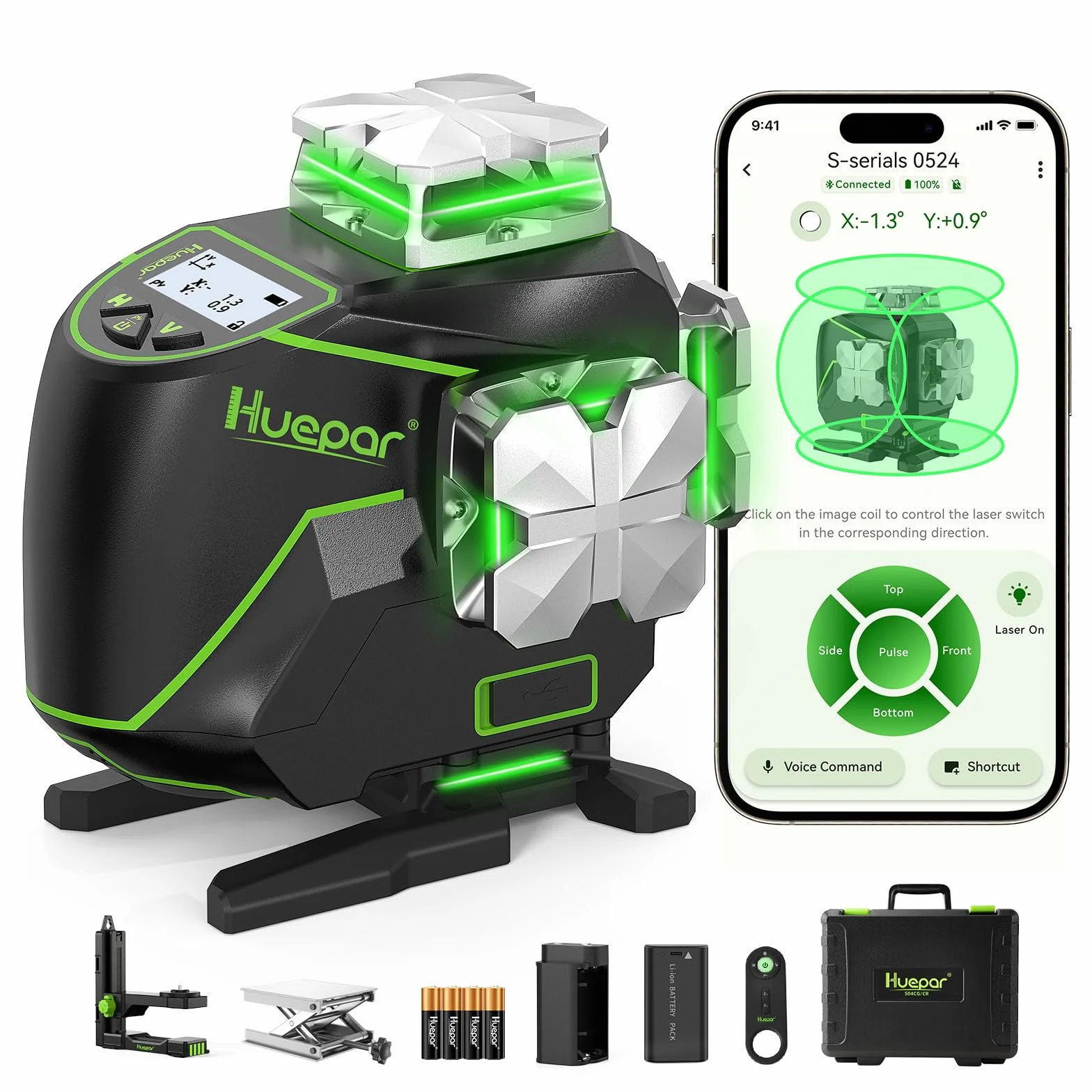 Huepar 16 linii samopoziomujący poziom lasera 4 x 360° z ekranem LCD, zielona wiązka Bluetooth 4D, pilot poziomy/pionowy S04CG-C